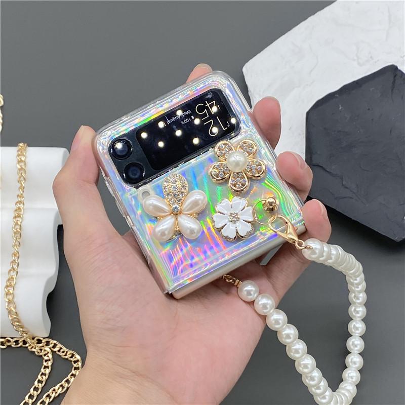 For Samsung Galaxy Zflip 3 5g Zflip 4g 5g Zflip 4 Fashion Diamond Flower Perfume Bottle Pearl Hand Chain Flash Laser Card Case