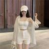 Women's Three-Piece Set: Loose Sleeveless Top, See-Through Sun Protection White Shirt, and Long Sleeve Thin Shorts