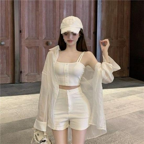 Women's Three-Piece Set: Loose Sleeveless Top, See-Through Sun Protection White Shirt, and Long Sleeve Thin Shorts