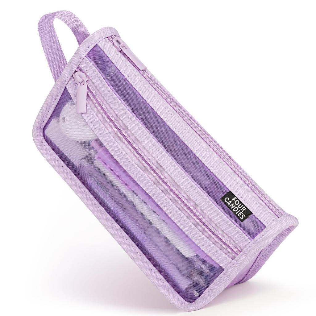 Four Candies Pencil Transparent Mesh Large Capacity with Handle and Clear Pencil Marker Travel Makeup Cute Transparent Stationery for and Students