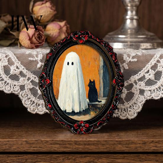 Vintage Style Seasonal Ornaments Halloween Wooden Refrigerator Magnets, Gothic Oval Frame Fridge Magnets with Witch Small Holiday Souvenirs