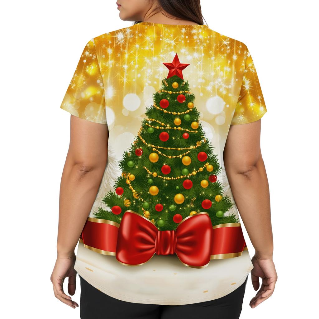Women's V-Neck Short Sleeve Work Blouse with Pockets and Side Slits Christmas Print
