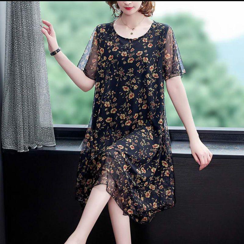 Women's Fashion Summer Spring Floral Print Short Sleeve O-Neck High Waist Casual Dresses
