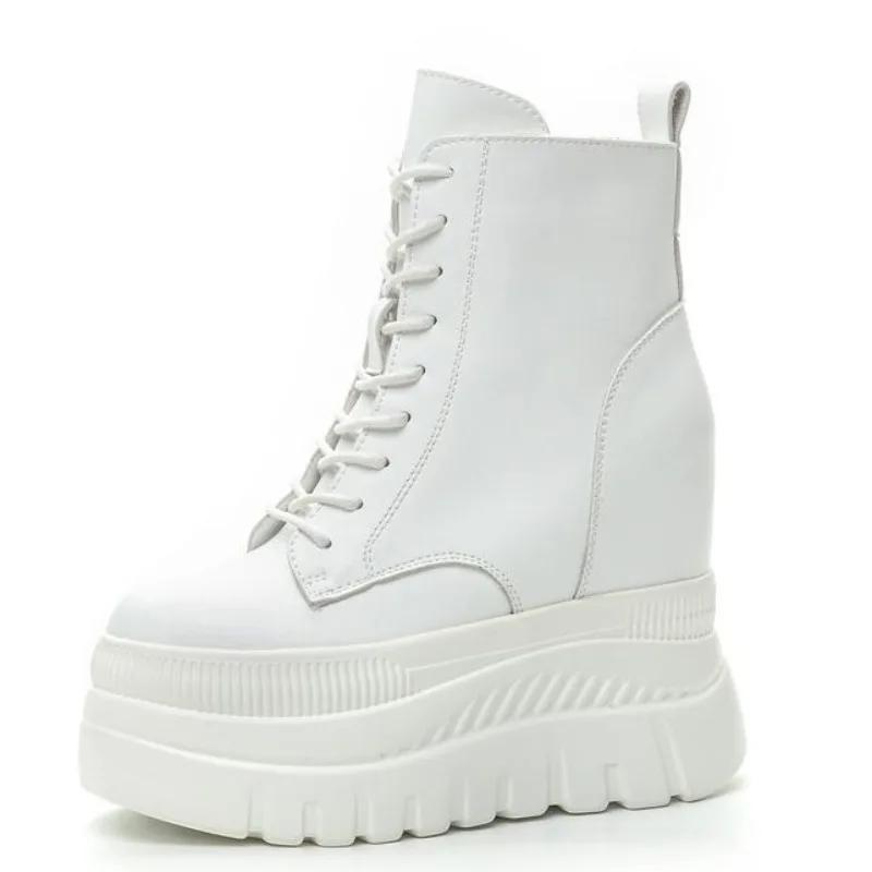 Fashion 12cm New Genuine Leather Women Breathable Platform Hidden Heels Shoes Genuine Leather Chimney Fashion Spring ZIP Ankle Booties