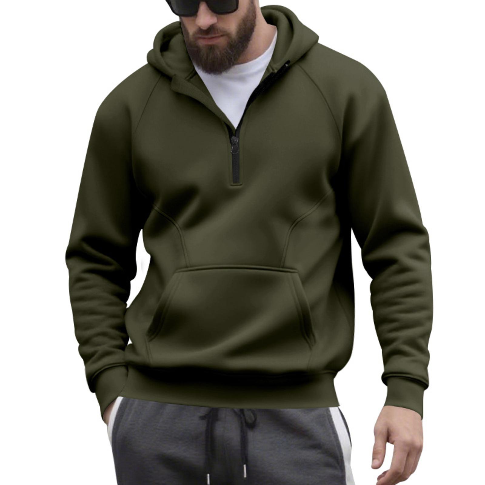 Men s Casual Sports Fleece-Lined Hooded Zip-Up Contrast-Color Sweatshirt L