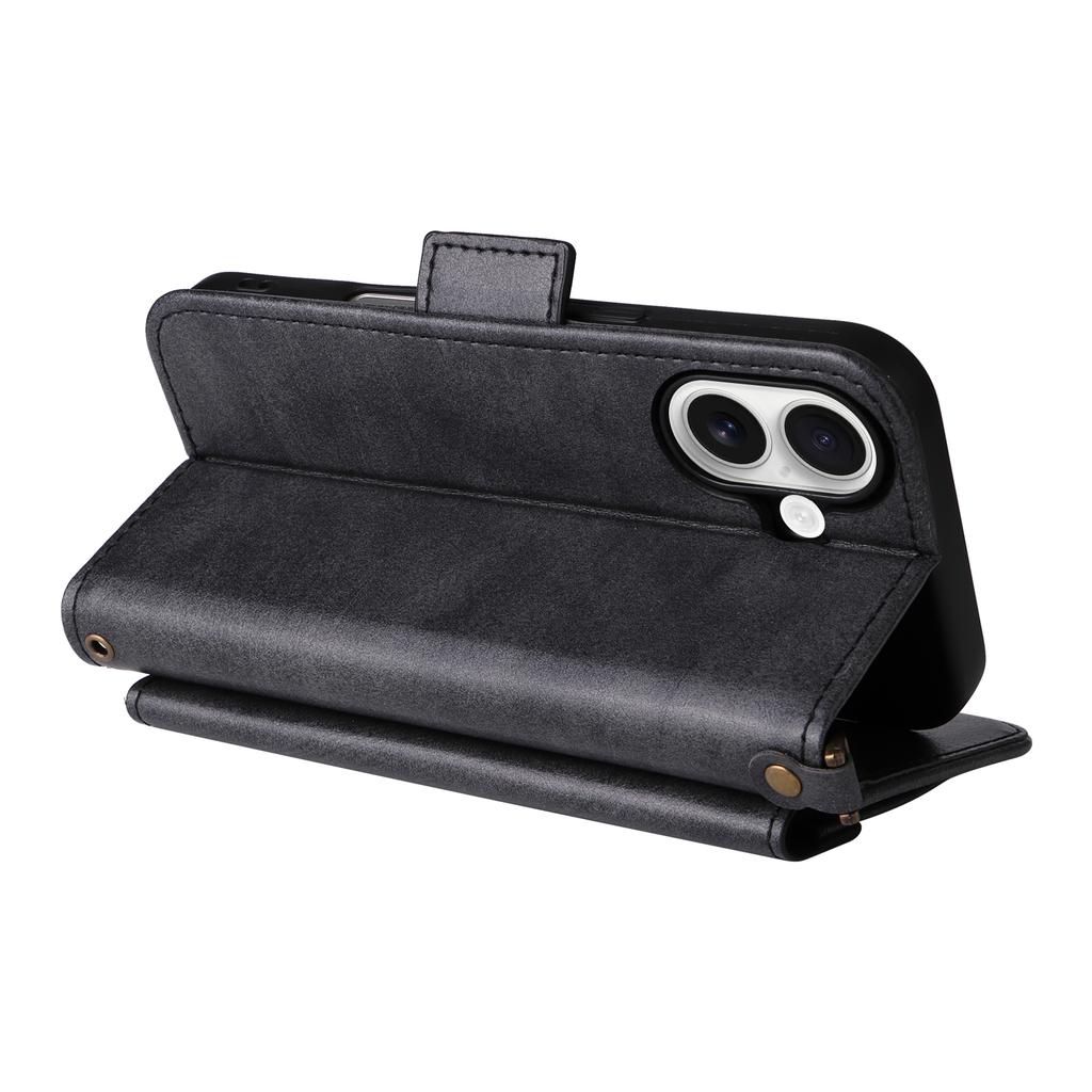 For iPhone 16 Plus Leather Case Magnetic Closure Wallet Stand Phone Cover with Crossbody Strap