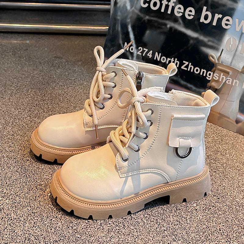 Children Platform Ankle Boots New Round-toe Black Boots for Girl Solid Color Causal Kids Fashion Short Leather Boots Side Zipper