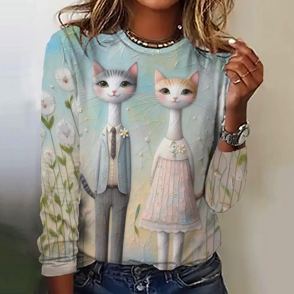 

Женские футболки с принтом кота в стиле Харадзюку, осень/зима, с длинными рукавами, имитация хлопка, модные футболки с круглым вырезом, новинка 2024 года XL