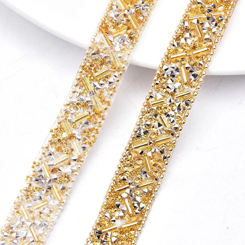 1 ярд Стразовая тесьма Кристальные бисерные ленты Геометрические кристальные ленты Стеклянная отделка для DIY украшений одежды поделок