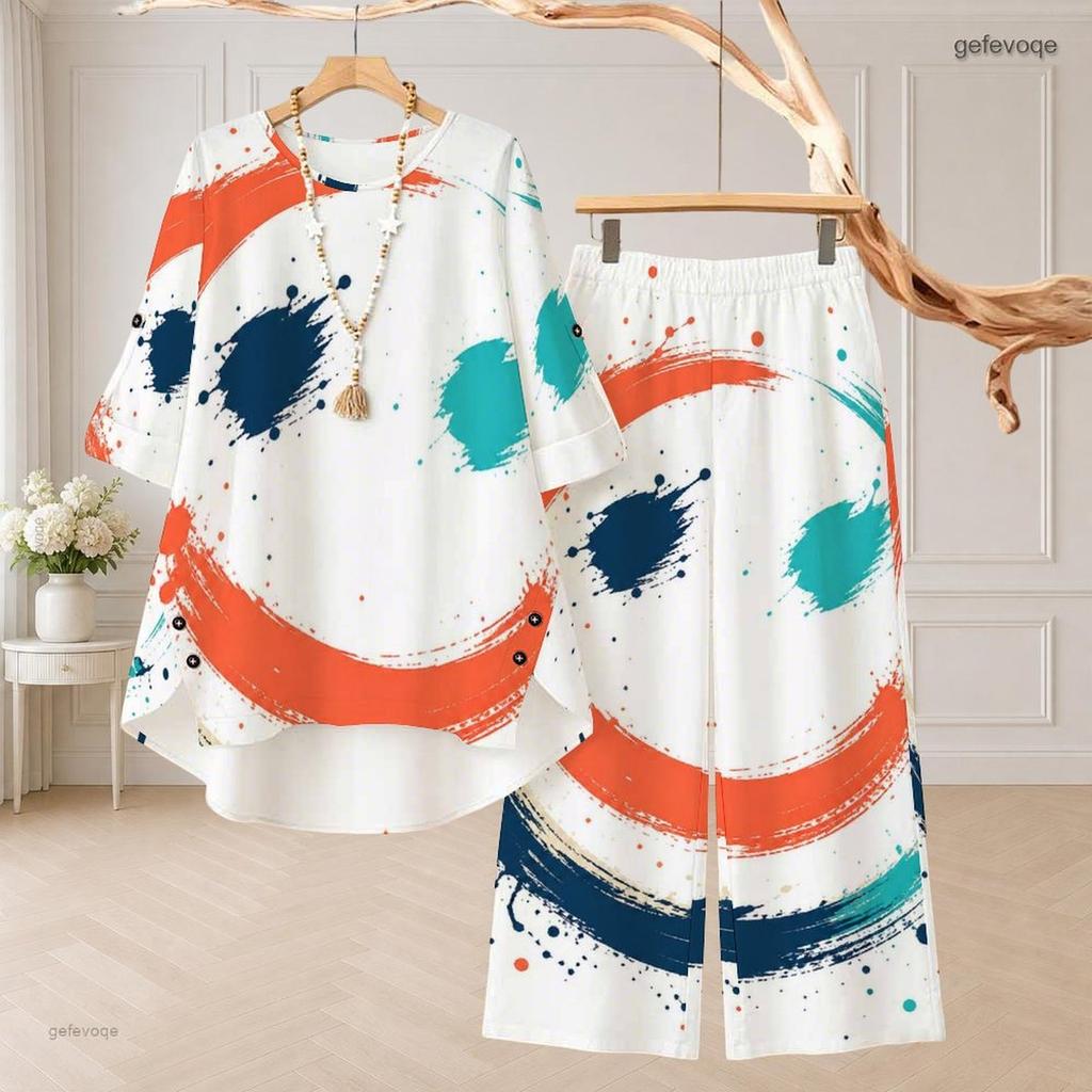 Women Plus Size Blue White Printed Round Neck Half Sleeve High Low Top And Long Pants Two Piece Set