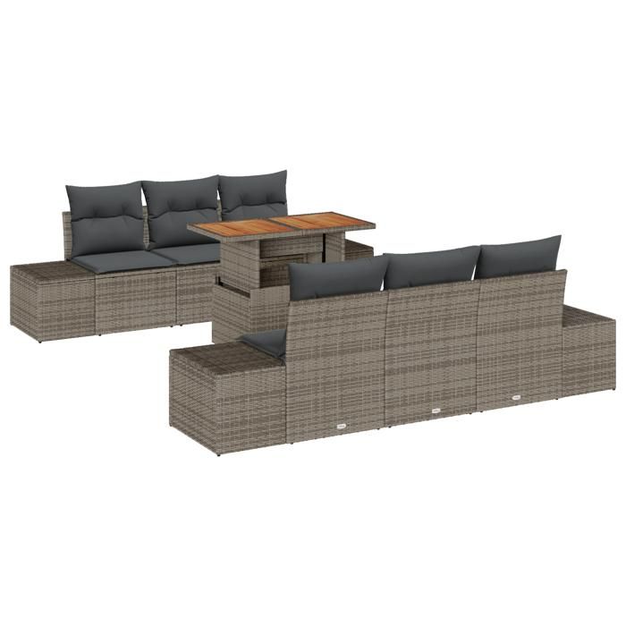 VidaXL 7-Piece Garden Dining Set with Cushions – Grey Poly Rattan and Acacia 3349908
