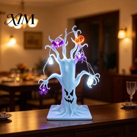 Halloween Tabletop Decorations Lighted Spooky Dead Tree Decor, Ghost Face Haunted Desktop Ghostly Decor with Pumpkin Spider LED String Lights,
