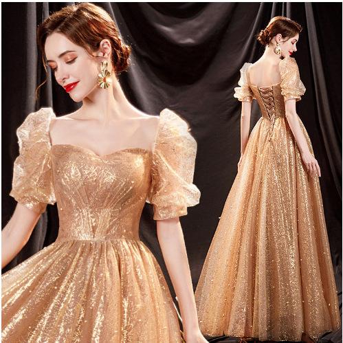 Banquet Evening Dress Gold New Bride Photo Tutu Long Chorus Performance Bubble Sleeve Dress