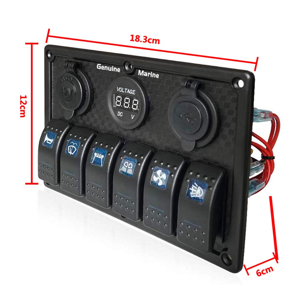 zmayastar SP-CYKG-023 6 Rows Waterproof Boat Switch Panel USB Charger with LED Voltmeter DC12-24V Marine Supplies