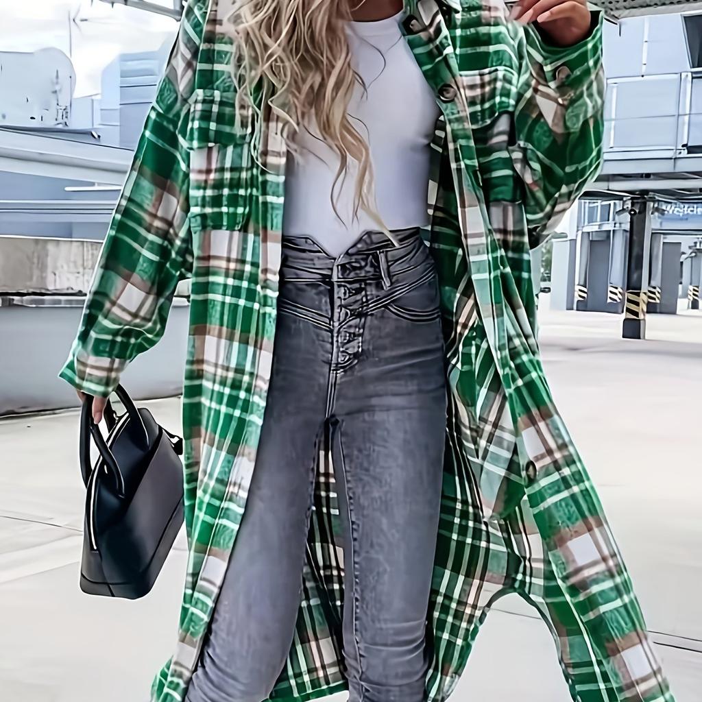 Winter New Cross-border Women's Clothing European And American Loose Casual All-match Mid-length Plaid Shirt Long-sleeved Jacket