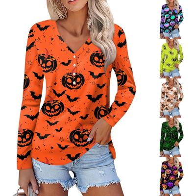 Damen Casual Fashion Sexy Comfort Halloween Bedruckter V-Ausschnitt Knopf Langarm