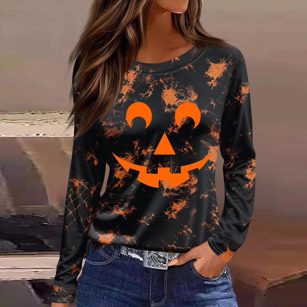 Women's Fashion Long Sleeve Top with Halloween Print and Side Slits, Round Neck