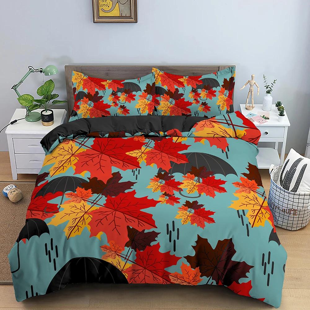 Fall Duvet Cover Seasonal Maple Tree Leaves Botanical Foliage Vibrant Floral Forest Image Decorative 3 Piece Bedding for Women