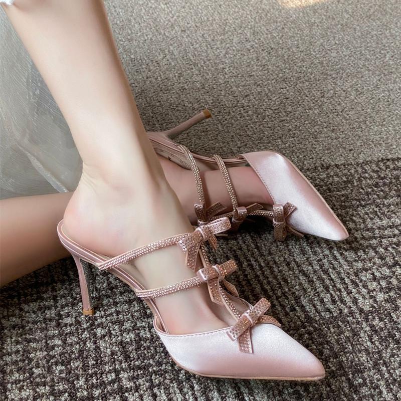 Fashion Luxury Rhinestones Bowknot Satin Women Pumps Elegant Pointed toe Mary Janes Thin High heels Mules Fashion Party Wedding Shoes