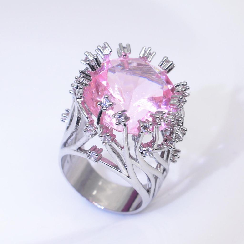Zhenrong Hot-Selling Pink Crystal Tree Branch Ring - European & American Creative Exaggerated Design for Women