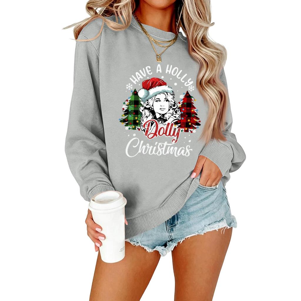 Women's Casual Round Neck Long Sleeve Christmas Graphic Sweatshirt, Loose Fit Pullover for Everyday Wear