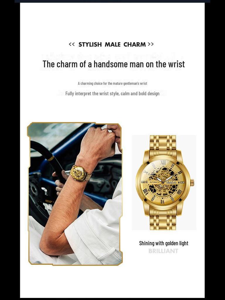 Aili Feida Men's Quartz Hollow Watch with Visible Back and Butterfly Buckle