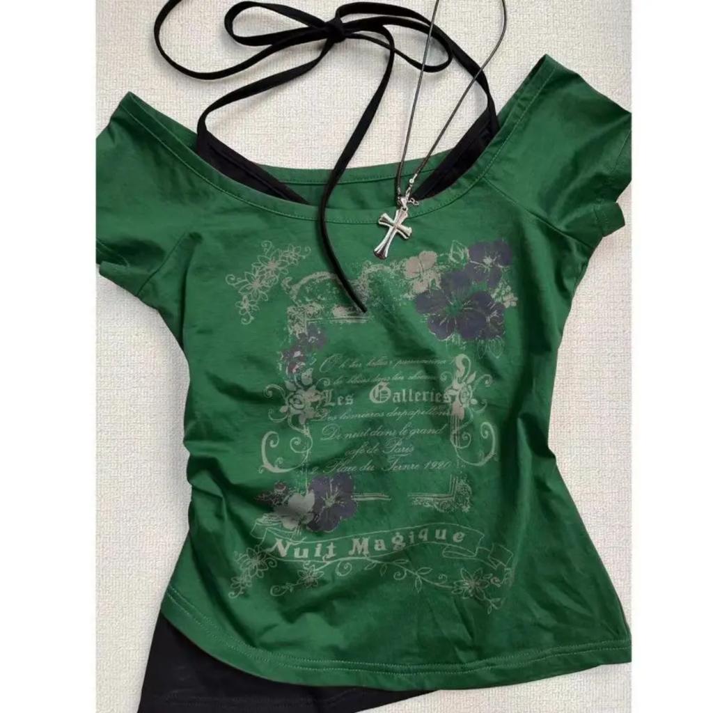 TrendHub American Vintage T Shirts Retro Grunge Letter Flower Print Crop Tops Y2k Summer T Shirts Fashion Streetwear Halter Harajuku Tees
