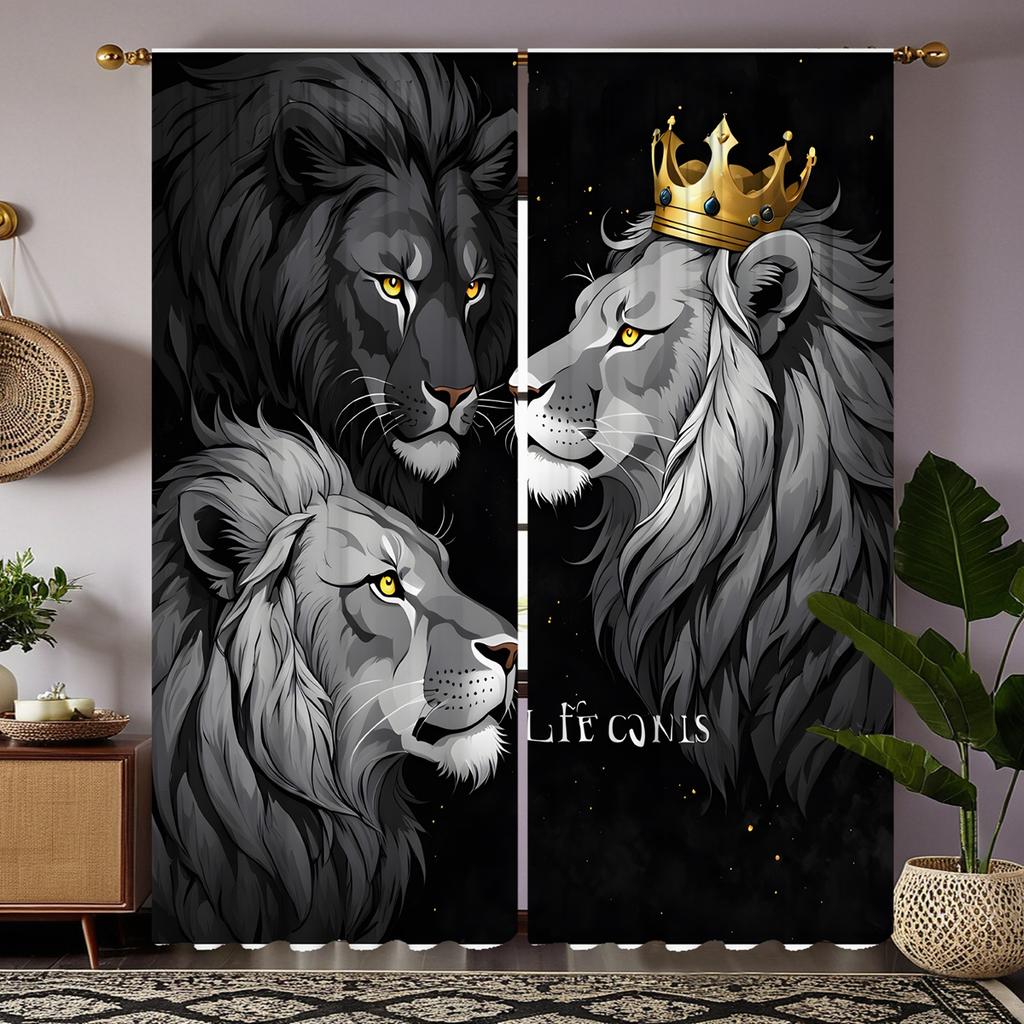 2pcs HD Three Lion decorative curtain Black tie digital printed curtain Home Decoration style Decoration living room bedroom