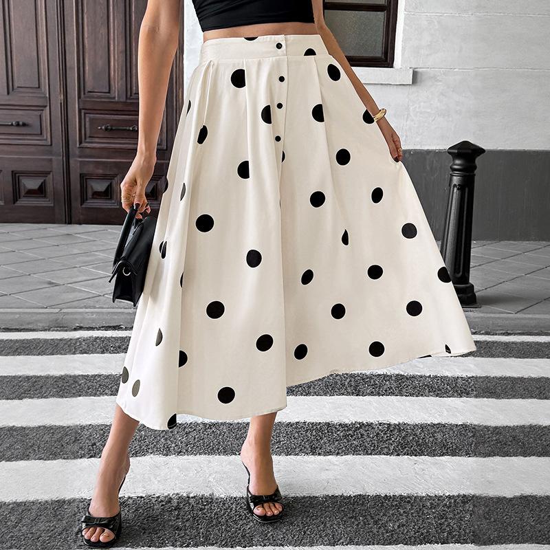 Polka Dot Skirt for Women 2026 Summer Causal Elastic Waist Vintage A-line Midi Skirts S