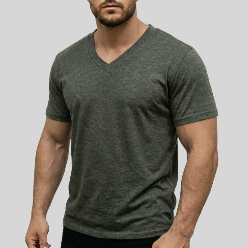 Men V Neck Short Sleeve T Shirt Slim Fit Solid Color Casual Basic Top
