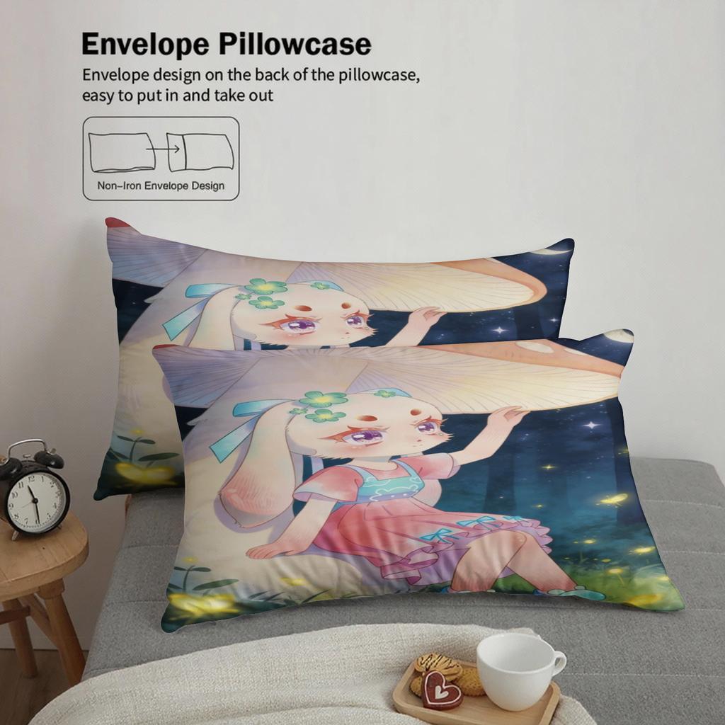 Softville Cozy Town 3PC Bedding Sets Lop Rabbit Sitting Under Mushroom Pint Duvet Cover No Filling Cartoon Style Queen King Size