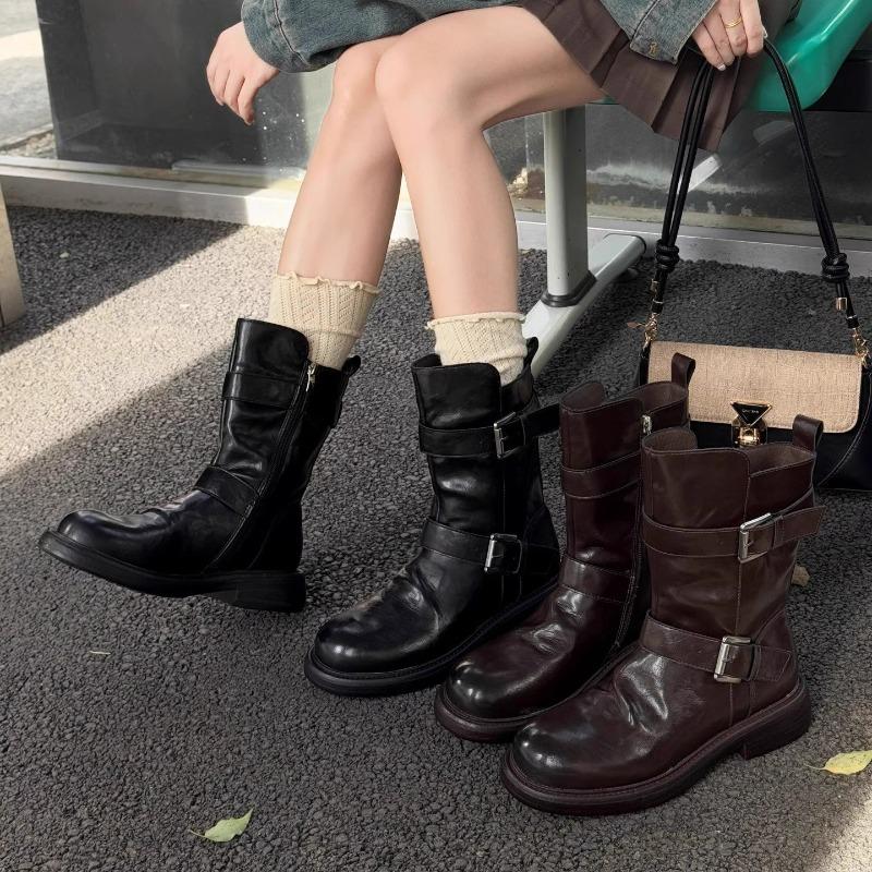 Cowhide Maillard Boots Vintage Leather Medium Boots Women's Belt Buckle Short Boots Thick-soled Martin Boots Skinny Boots