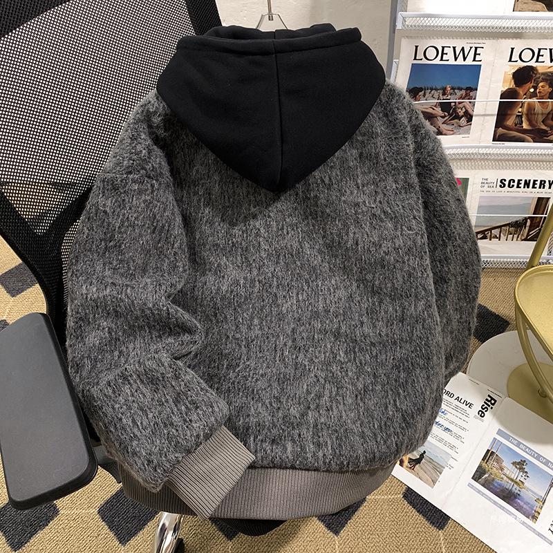 Men's Hooded Woolen Coat: Trendy American Style, Fake Two-Piece, Cool Scoundrel Vibe for Spring, Autumn, and Winter