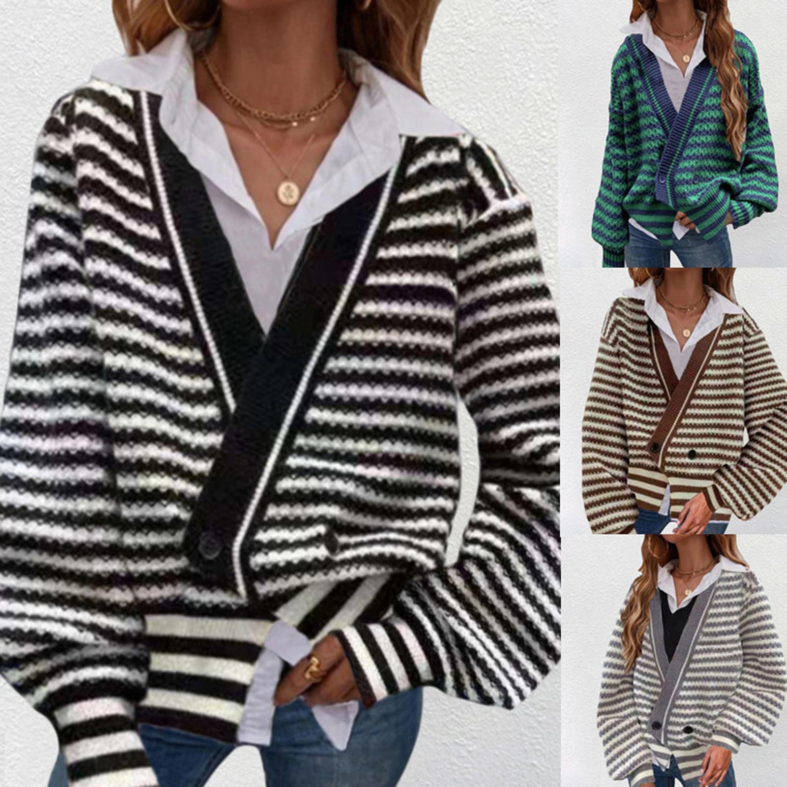

Fashion Women V-neck Striped Sweater Casual Loose Knit Cardigan Cardigan Jacket