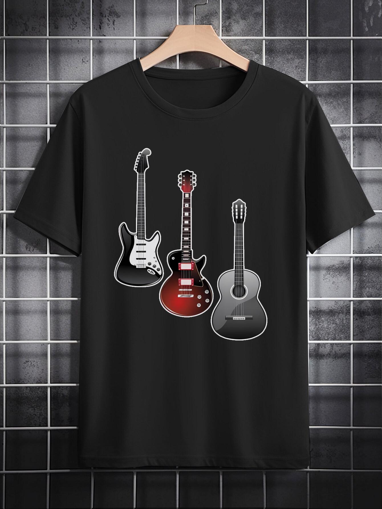 Casual Crew Neck T-shirt with Fun 3D Guitar Print – Black Graphic Tee Featuring Electric XXXL