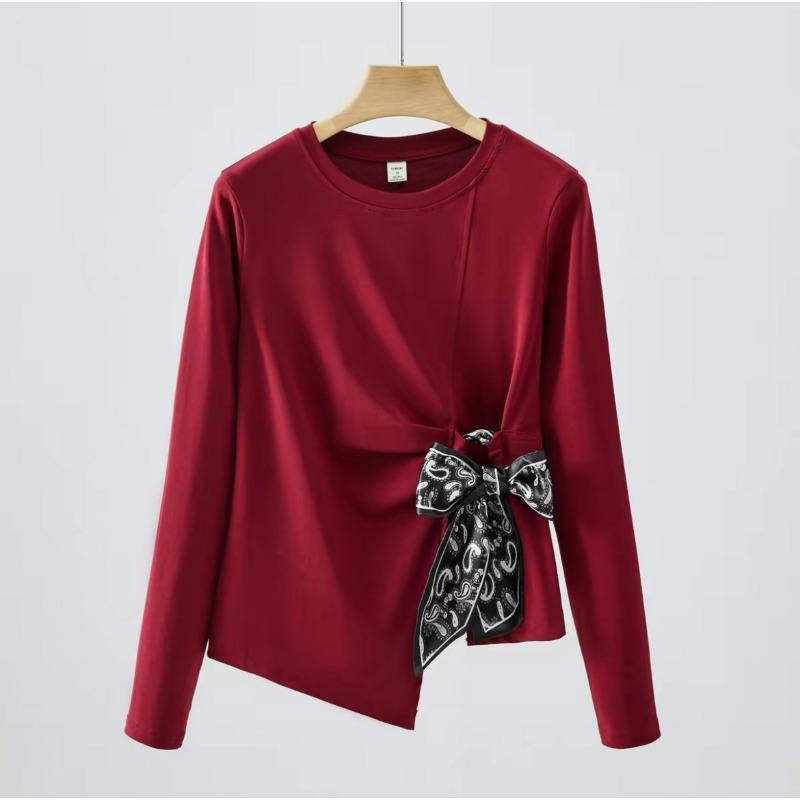 New Spring and Autumn Lace-up Waist Women's Long-sleeved T-shirt Slimming Belly-covering Bottoming Shirt