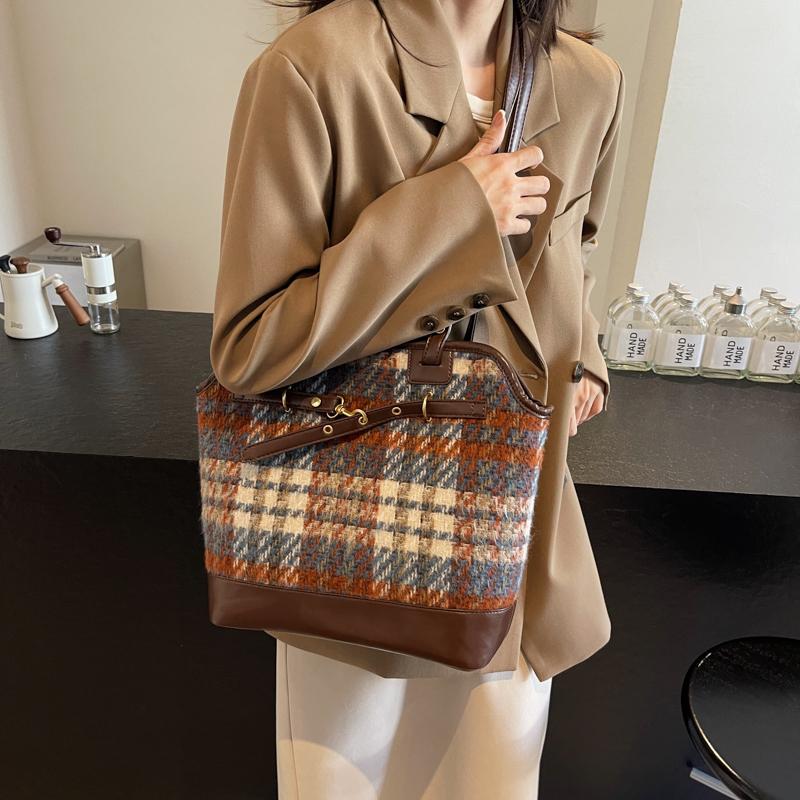 Karierte Einkaufstasche mit großer Kapazität, Umhängetasche für Damen, Vintage-Rucksack