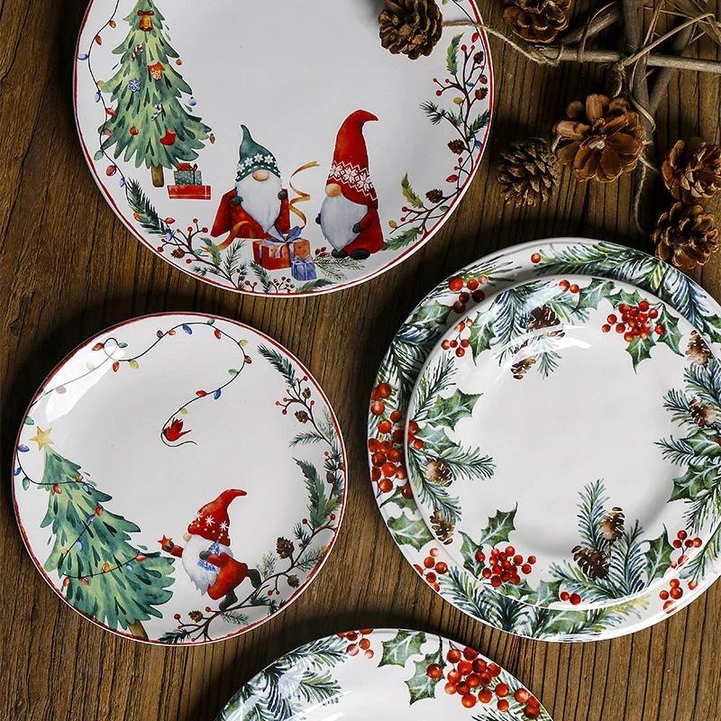 1PC Christmas Dinner Plate Ceramic Underglaze Color Plate Round Household Dim Sum Decorative Plate