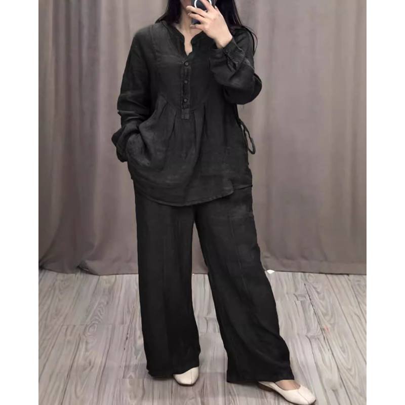 Damski Zestaw 2-częściowy Moda Biurowa Dama Bawełna Len Długi rękaw Casual Luźny Garnitur ze spodniami z szerokimi nogawkami Wiosna Jesień Zestawy Damskie