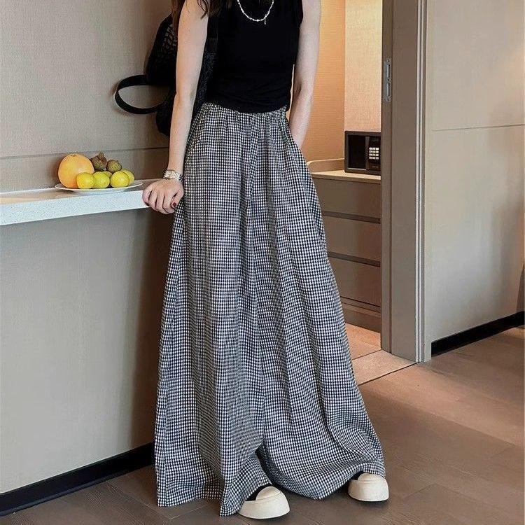 

Клетчатые кюлоты большого размера с высокой талией и широкими штанинами для женщин - Повседневные свободные летние брюки, стройнящие S [40-53 kg]