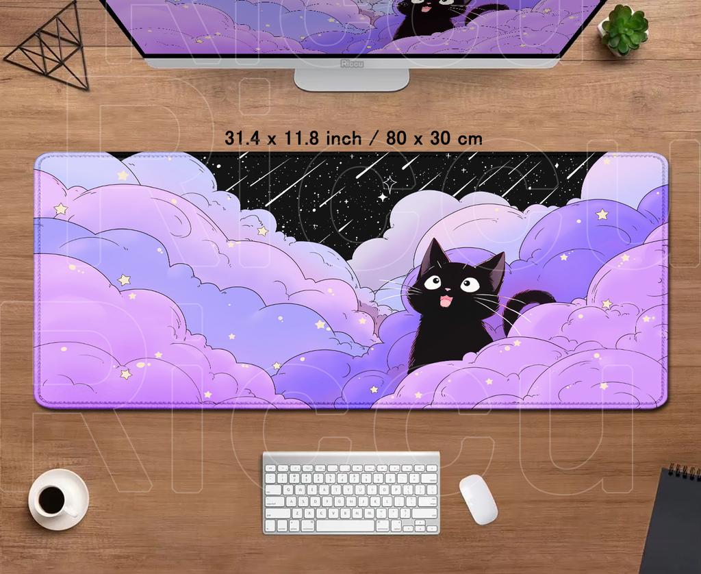 Cute Black Cats Mouse Pad Cartoon Art Design Gaming Accessories Purple Clouds Mouse Mat Gamer HD Printing Computer Desk Mousepad