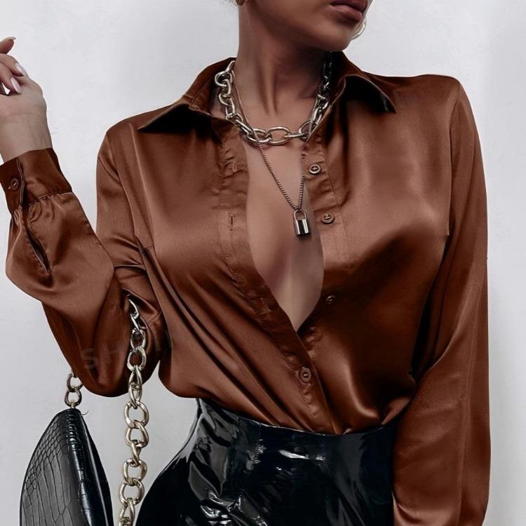 Elegant Satin Long Sleeve Blouse Women Summer Spring Casual Shirt Faux Silk Tops Single Breasted Basic Shirts