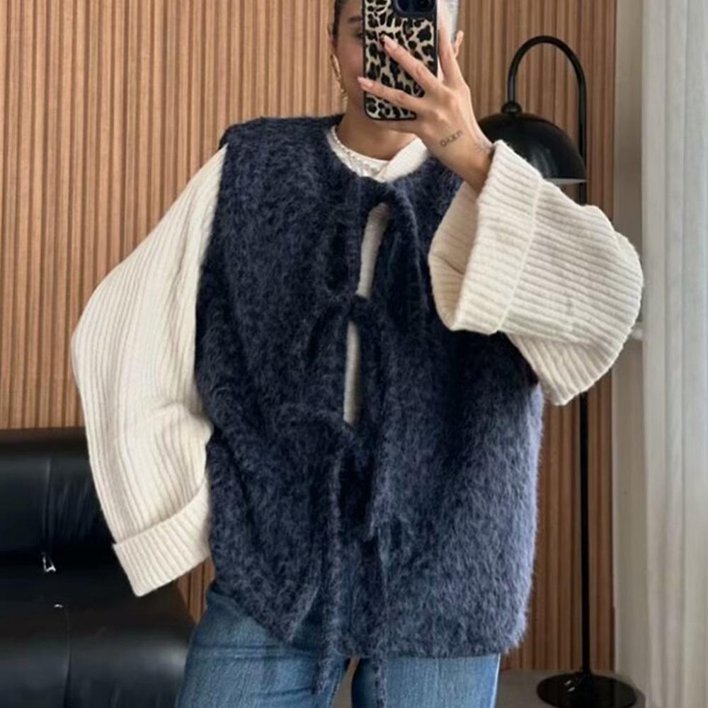 Dámská tvídová vesta s mašlí v pase Elegantní vlněná bez rukávů s kulatým výstřihem Dámská zkrácená vesta 2025 Módní nová svrchní oděv pro rané jaro