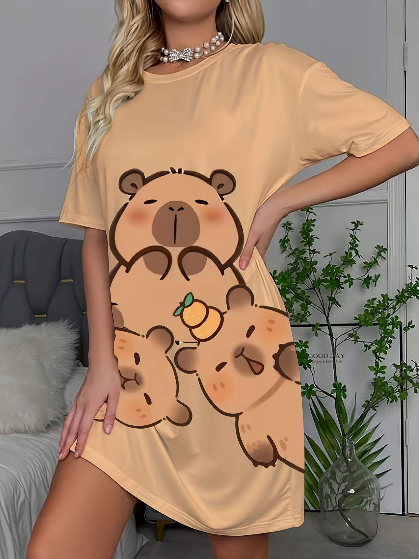 

Women s Capybara Print Pajama Dress - Cute Capybara ; Capybara Face Pattern Sleepwear. Short Sleeve Dress with Capybara-Themed Dress for s. Machine Wa L дубильная кора