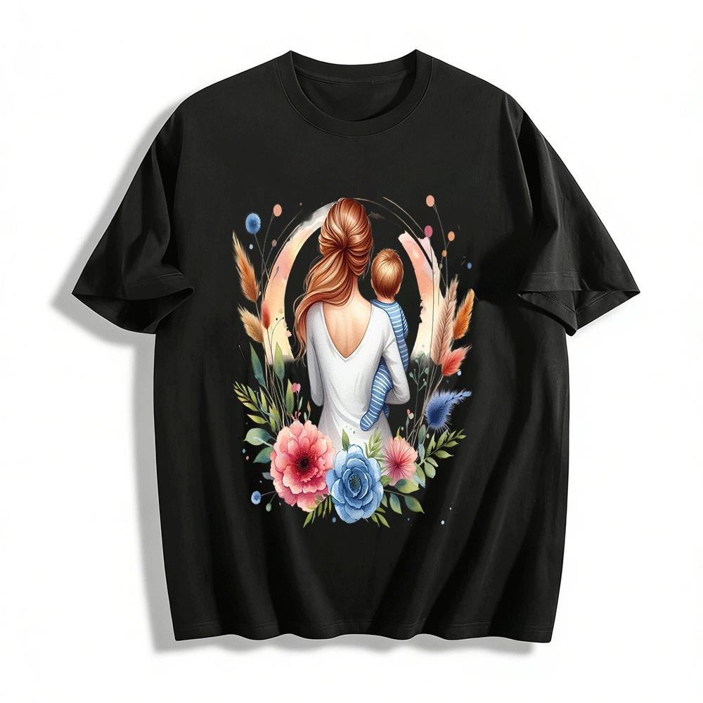 Floral Print Casual Top With Loving Mother Holding Baby Pure cotton T-shirt XXS