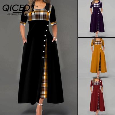 Moda Donna Casual Irregolare Plaid Stampa Bottoni Maxi Manica Corta Girocollo Taglie Forti Abito da Festa