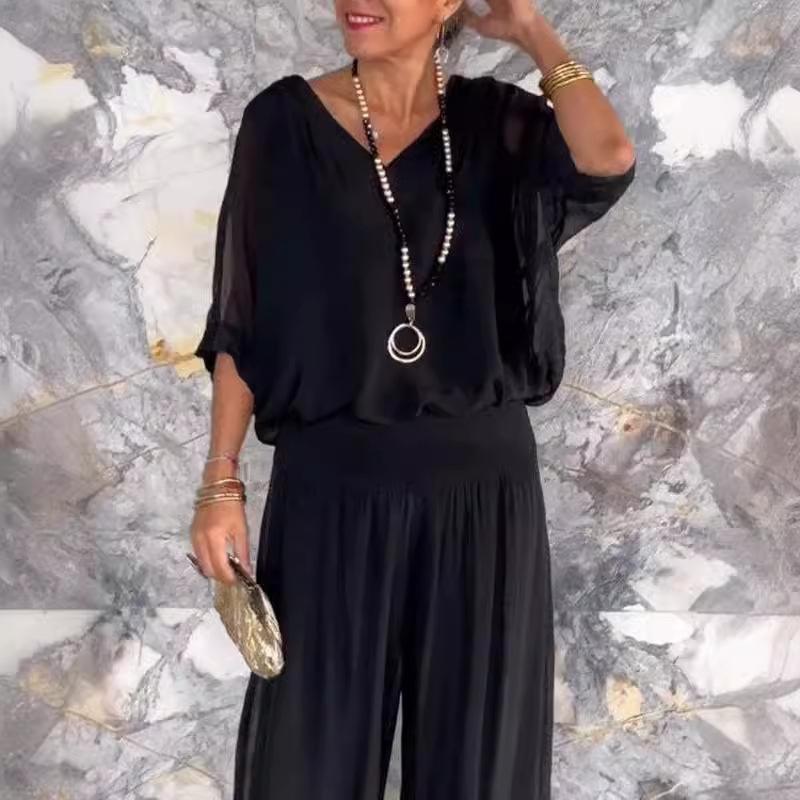 Women's Sexy V-neck Short Sleeved Top And Wide Leg Pants Sets Summer Chiffon Casual Outfits Casual Loose Street Two Piece Sets