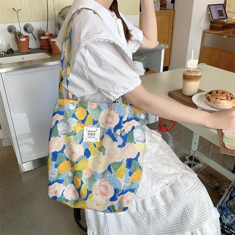 1 New Tote Bag Large Capacity Floral Canvas Shoulder Bag Portable Girl Student Shopping Bag