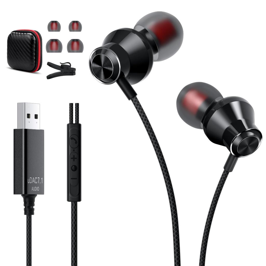 ASKUBSKU USB Earphones with for USB Wired Canal Gaming Mute HIFI Sound Calls Volume Compatible with Terminal Iahon Storage Case Black Microphone, 2.5m