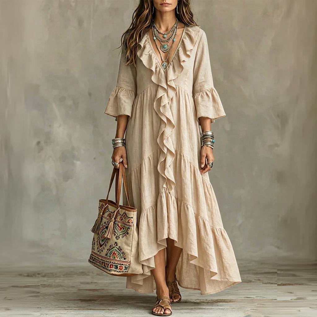 Women's Retro Color V-Neck Three-Quarter Bell Sleeve Ruffle Trim Loose Fit Dress